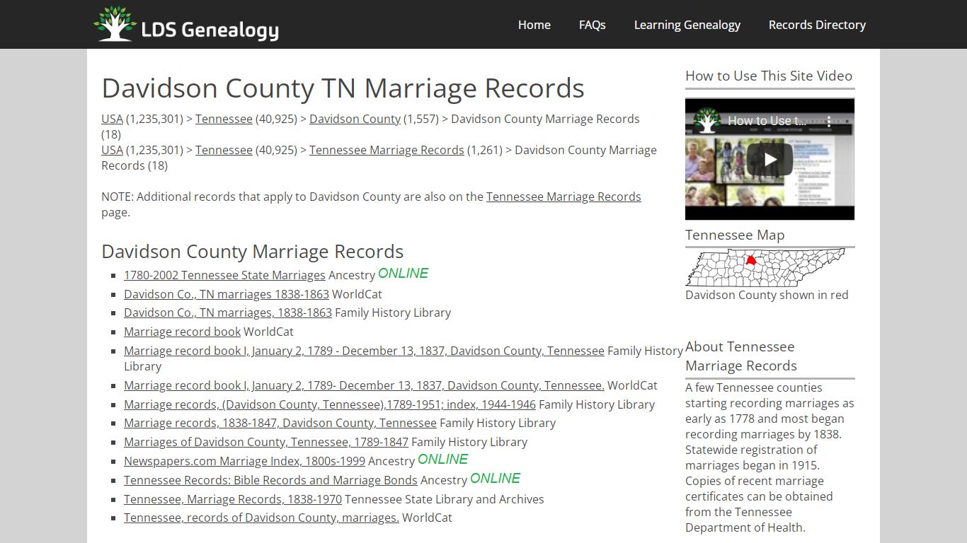 Davidson County TN Marriage Records - LDS Genealogy