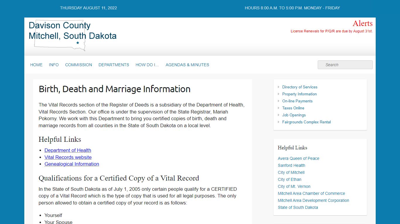 Birth, Death and Marriage Information - Davison County